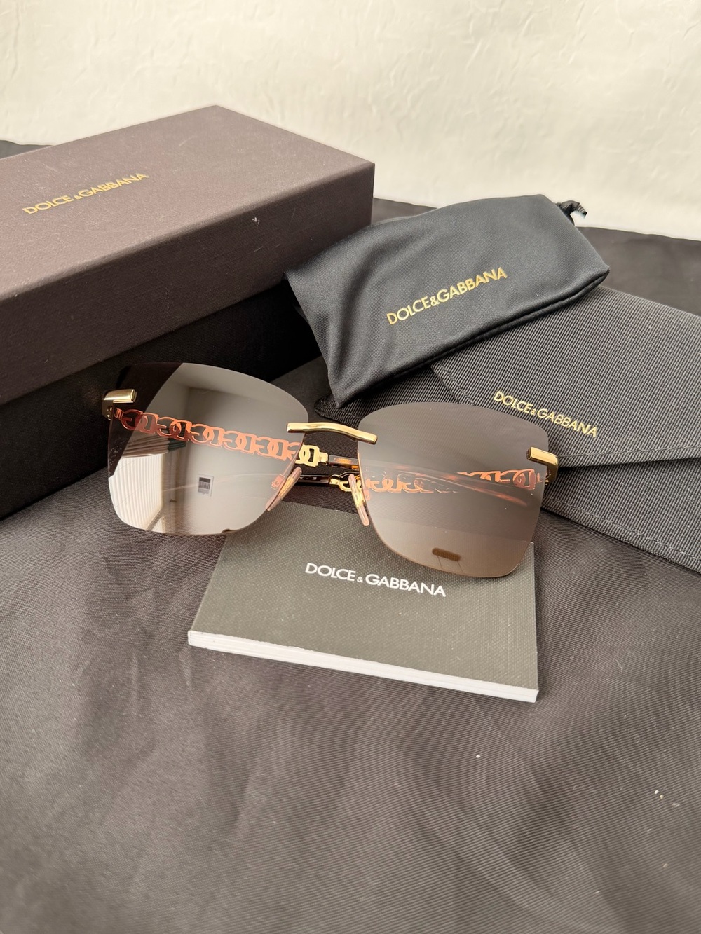 Auth Dolce & Gabbana DG Logo Rimless Sunglasses with Brown Gradient Lenses